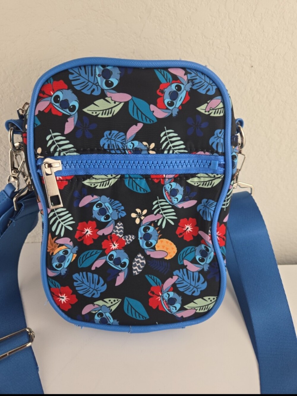 Blue Floral Stitch Crossbody Bag with Character Print